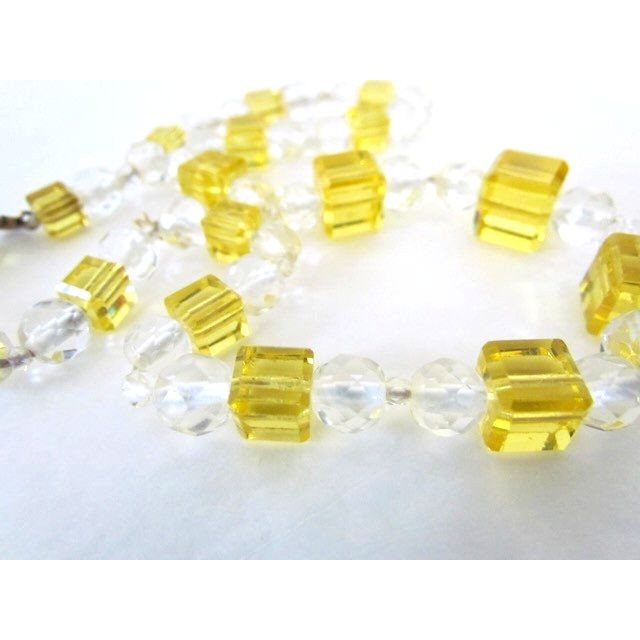 Vintage Art Deco Yellow Clear Cubed Glass Graduated Bead Necklace 40$